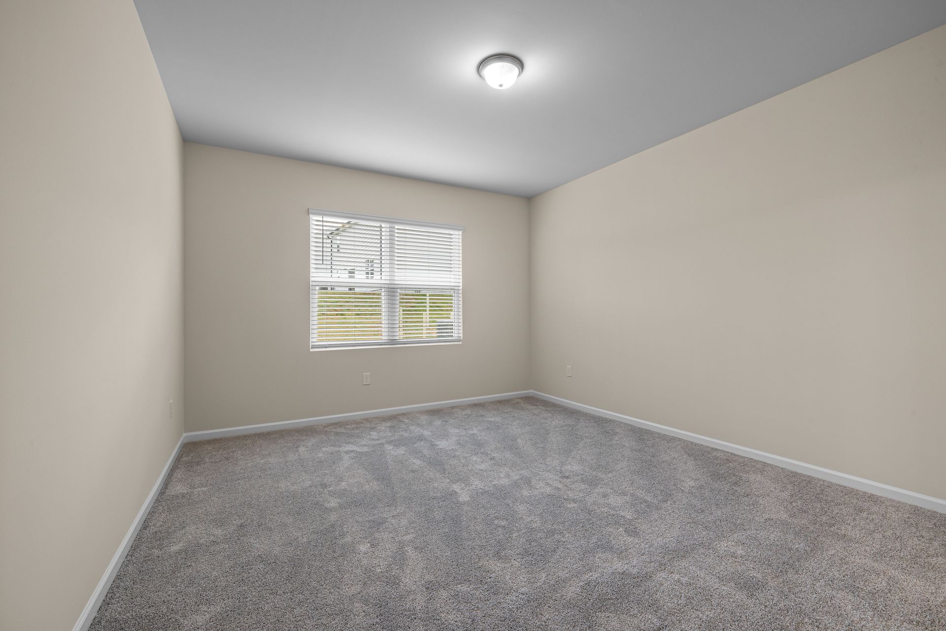 Bright and empty room with carpet flooring and large window, perfect for home staging.
